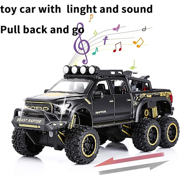 Leikkiauto Pickup-kuorma-autot pojille F150 Raptor Valettu metallimalliauto äänellä ja valolla lapsille 3 vuotta ja sitä vanhemmille Musta