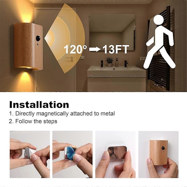 Trä LED Vägglampa Människokroppssensor Infraröd Nattlampa USB Laddning Skåp Garderobslampa B