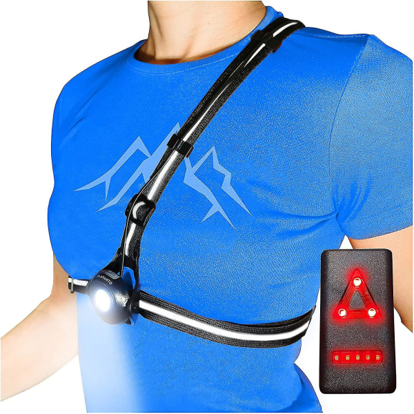Brystløbelys til løbere og joggere med justerbar stråle og reflektor, USB-led genopladelig