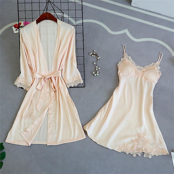 Robeklänningsset för kvinnor, sommar, spets, silke, fritidsklänning, elegant, 2 delar, sov- och loungeklänning, nattkläder för kvinnor, mjuk badrock, ny