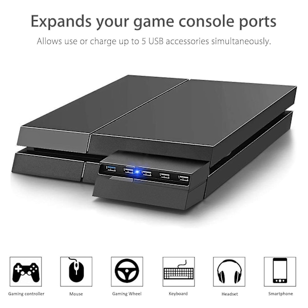 5-porters USB-hub for PS4 Slim Edition, USB 3.0/2.0 høyhastighetsadapter