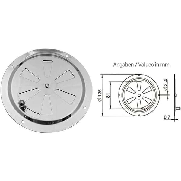Rund Ventilationsrist i Rustfrit Stål, Justerbar Rund Luftventil, Lamelventilationsrist i Rustfrit Stål til Røgovne, Diameter 125 mm, 1 stk.
