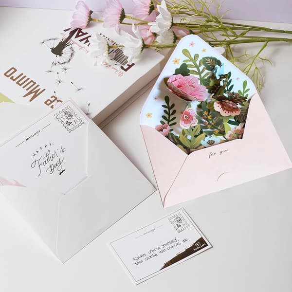 1 st 3D Pop Up Grattiskort med Blomdesign, Rosa Kuvert, Brevpapper Set med Kuvert, Rosa