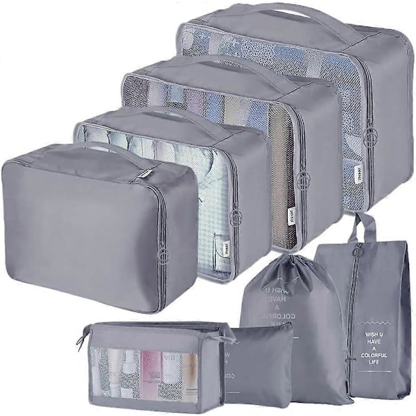 Reseväska-packningskuber, Multifunktionella 8-pack/set Bagageorganisatör Vattentät Kompressionsväska Nödvändighetsväska, Mörkgrå