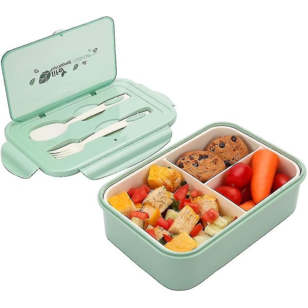 1400 ml Lunchbox för barn och vuxna, återanvändbar Bento Box Lunchbox med 3 fack och bestick, Lunchbox Mikrovågsvärmare (grön)