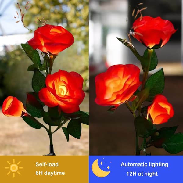 Solcelle roselamper utendørs hage - 2-pakning oppgraderte vanntette solcelledrevne LED-roseblomstlys med større panel (rød)