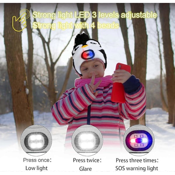 Børnehat med LED-lys, Vinterhat Børn LED-hat, USB Genopladelig 4 LED Lampe Vinter varm Pandelampe Strikket Hat, Gave til Drenge Piger