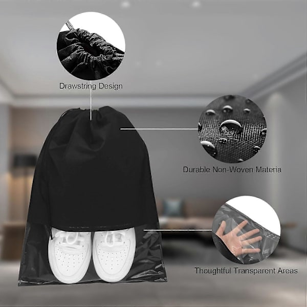 10 stk Reise Skopose Drawstring Ikke-vevd Sko Oppbevaringsposer med Transparent Vindu for Daglig og Reisebruk (Svart)