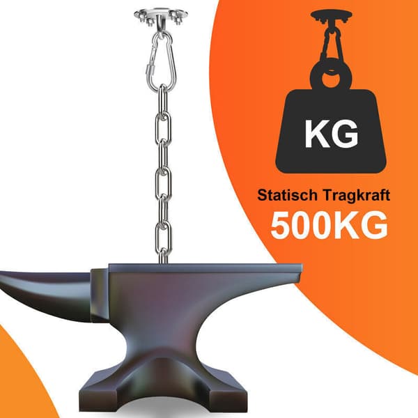 Hengda loftkrog. Drejekrog i rustfrit stål. Kapacitet op til 500 kg. U-formet krog til hængekøje og stol.