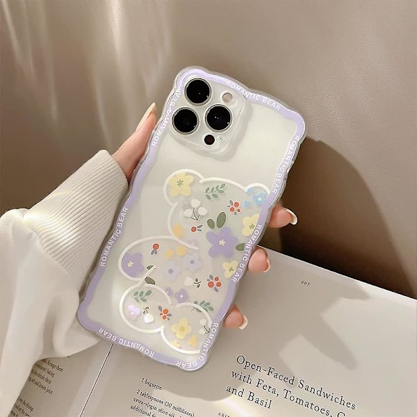 Kompatibel med iPhone 12mini Skal Transparent Söt Blommig Björnmönster Spets Lins Skydd Design för Kvinnor Flickor Mode Slank Mjuk Flexibel TPU Gnid