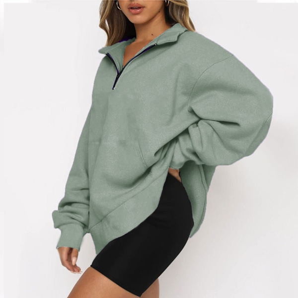 Plus Size Kvinders Casual Solid Farve Drop Shoulder Løstsiddende Delvis Lynlås Uldsweatshirt, Efterår og Vinter Stil S