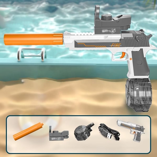 Elektrisk vattenpistol, Desert Eagle-design, automatisk högtrycksvattenspruta med sikte, orange och grå