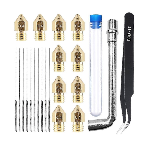 23-dels 3D-skrivarmunstyckesats med 10 st Mk8 0,4 mm 3D-skrivarmunstycken i mässing för 3D-skrivare