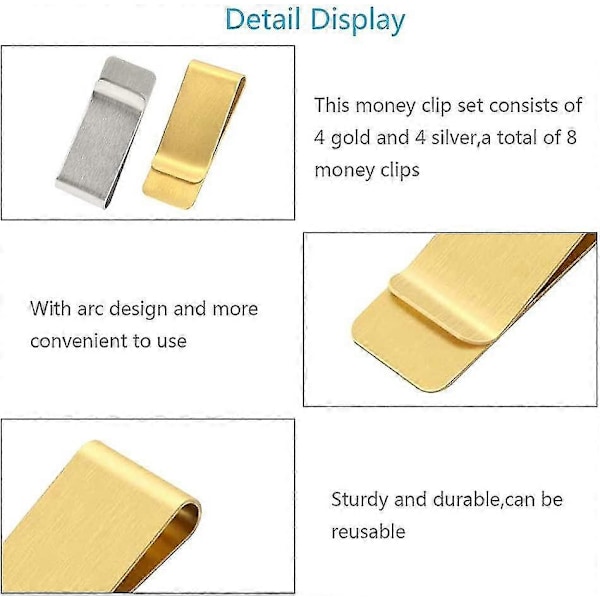 6 stycken pengklämmor i rostfritt stål, pengklämma guld silver, för pengklämmor, sedlar, kreditkort, etc., lätt att bära