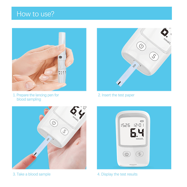 Hemoglobinmätare Hemoglobin Testkit Glucometer Mäter Blodsocker, 50 Test