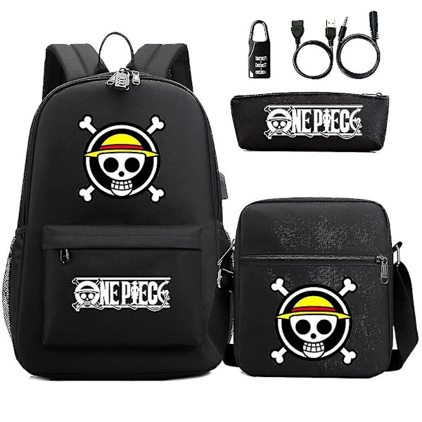 3 st/set One Piece Anime skolryggsäck Usb Oxford väska med pennfodral och budväska