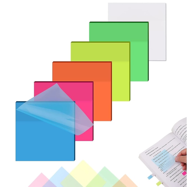 Gennemsigtige Sticky Notes Farverige Sticky Notesblokke Gennemsigtige klare selvklæbende sedler Vandtæt memo, 3 X 3 tommer