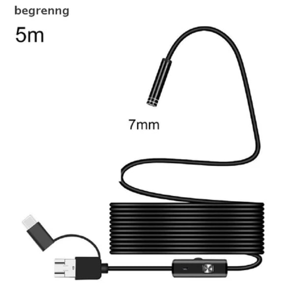 3 i 1 USB Type-C Endoskop Inspeksjonskamera Borescope 5m/7mm Linse HD Kamera IP68