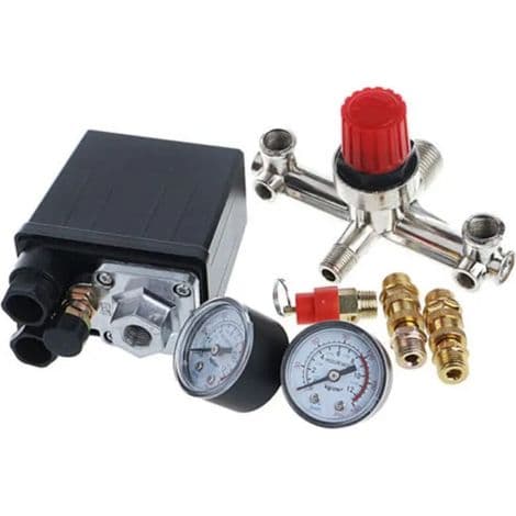 Trykkregulator for høytytende luftkompressor. Trykkbryter og trykkmåler.