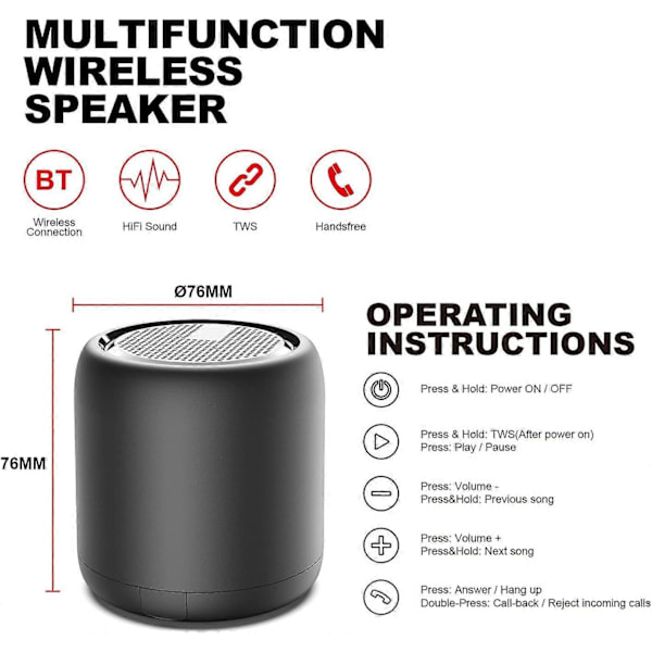 Bluetooth-kaiutin, Kannettava Mini Langaton Kaiutin Bluetooth 5.0 Ulkokaiutin HD Stereo HiFi Bassoilla, 1200mAh Akku, 24 Tunnin Toistonaika, IPX4 Vedenkestävä