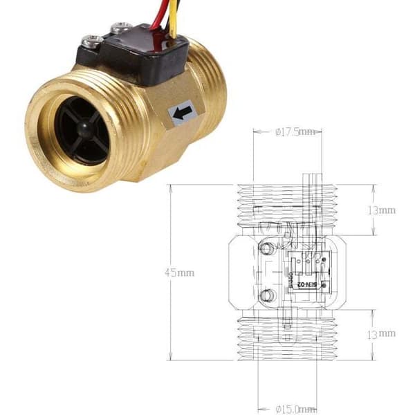 Vandmålere og tilbehør. G3/4\" væskestrømssensor. Hall-effekt. 2 l/min til 45 l/min. Maksimalt vandtryk 1,75 MPa. DN20 mm