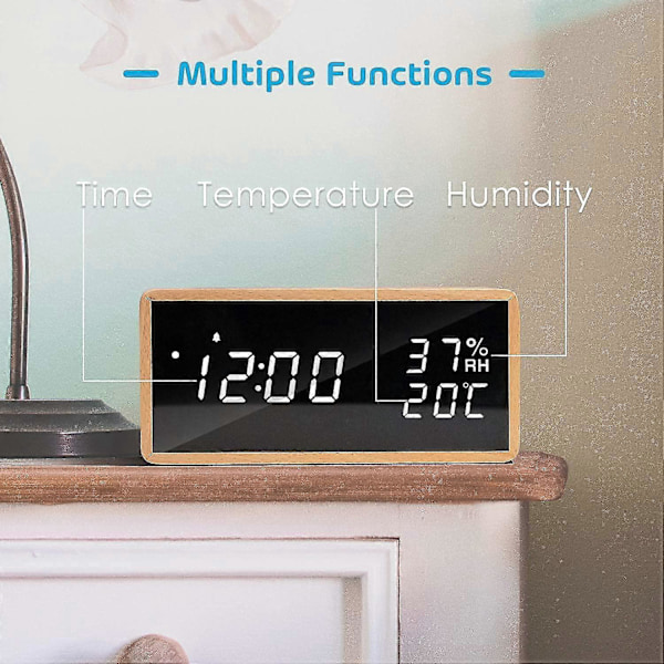 Elektronisk väckarklocka, Trä Digital Väckarklocka med 3 Alarminställningar, USB-driven Digital Klocka med Tid, Temperatur och Luftfuktighet LED-display