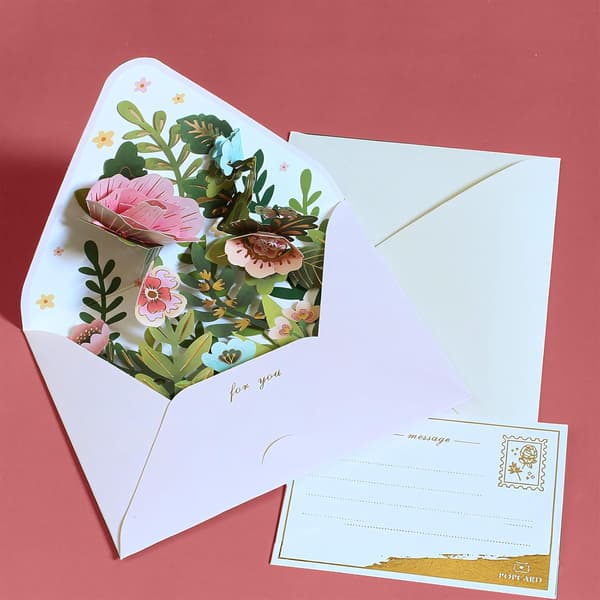 1 st 3D Pop Up Grattiskort med Blomdesign, Rosa Kuvert, Brevpapper Set med Kuvert, Rosa