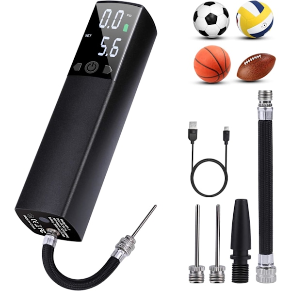 Elektrisk boldpumpe med LED digital display, batteridrevet, egnet til fodbold, basketball, volleyball, rugby, ballon og svømmebøjle