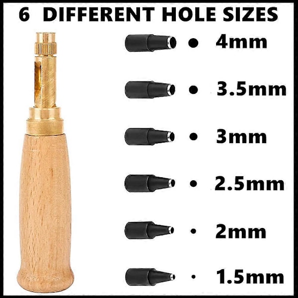 Skruehullstans, Presisjonsholdbar hullstansverktøy Skruehullstans med trehåndtak, 6 spissstørrelser: 1,5 mm, 2 mm, 2,5 mm, 3 mm, 3,5 mm, 4 mm for sy- og lærprosjekter