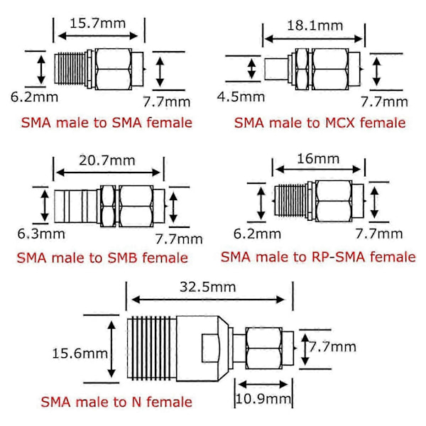 10 Tyypin SMA-sovittimen sarja SMA-uros /BNC/UHF/MCX/SMB/TV/TNC-naaras suora nikkeli-kultapinnoitettu