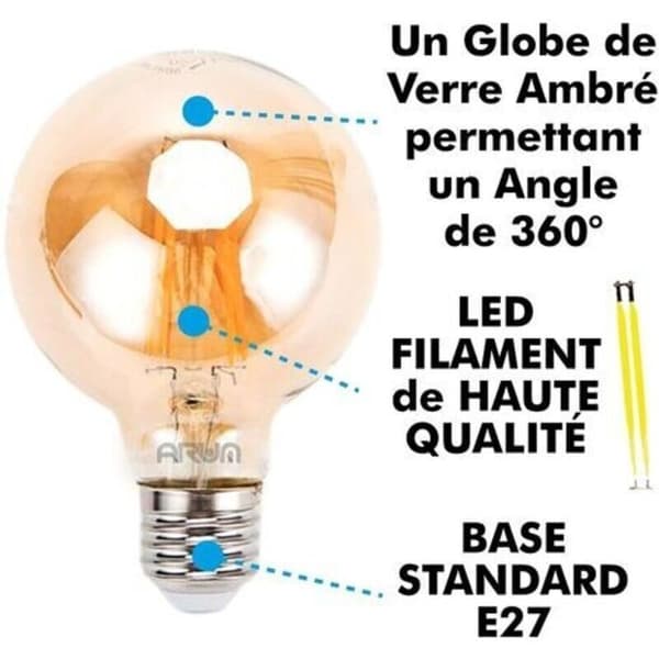 Sæt med 3 ravfarvede LED-glødepærer E27 G80, 6W
