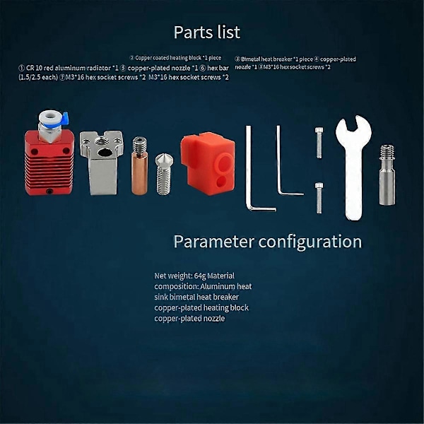 Hotend-kit för Ender5/ender3/v2/cr10 med värmeblock, bi-metallisk hals, 500 kopparpläterad för Volcano-munstycke, 3D-skrivardel, a