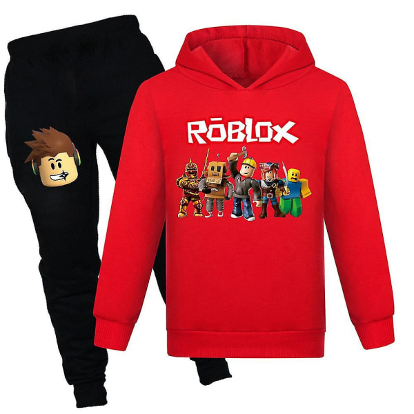 Børne Roblox Træningsdragt Pullover Hættetrøjer og joggingbukser 2-delt outfit sæt Gamer jogging sweatshirt sæt til drenge piger i alderen 7-14 år Röd 37