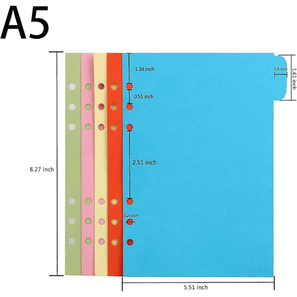 A5 Ämnesdelare Papperssheet, Färgglada 6-Hålspunchat Filkortdelare, för Notebook-Insats Planner Totalt 25 Ark