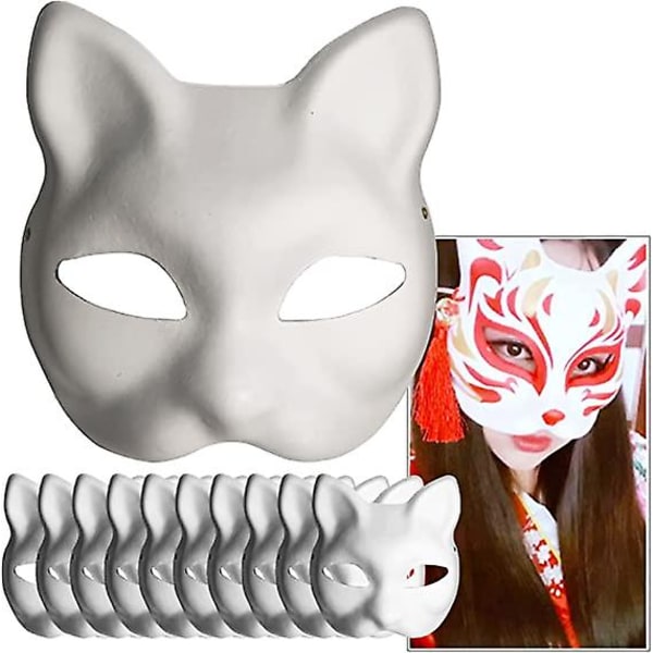 Valkoinen paperinaamio Kissannaama - 10 kpl, massa, tyhjä käsinmaalattu naamio, persoonallinen muotoilu, sopii halloween-fancy-mekkoihin, cosplay