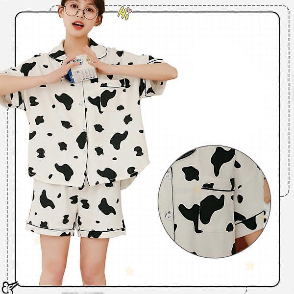 1 Set med 2st Sommar Dam Pyjamas Tecknad Ko Pyjamas Bomull Kofta Kortärmad Shorts Casual Hemmakläder Tvådelat Set (Vit Svart Storlek XL)