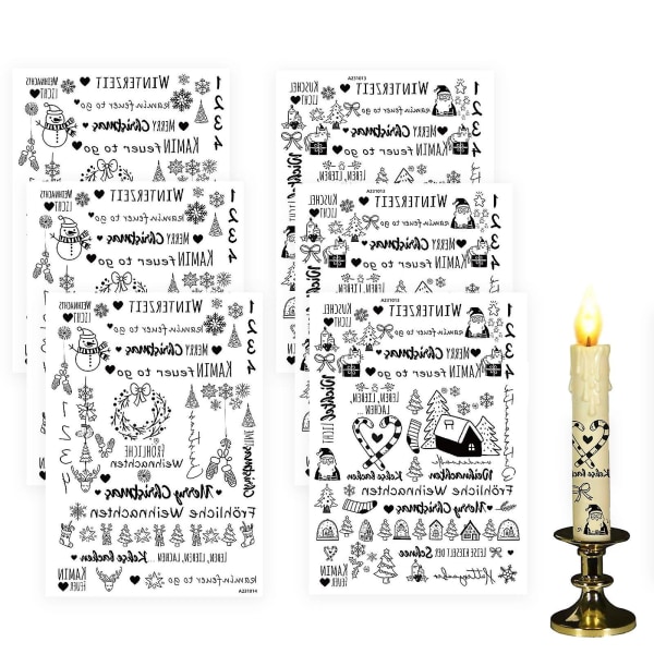Pakkauksessa 6 joulukynttilätatuointia, kynttilätarrat, kynttiläkuppiin tarkoitettu kynttiläfolio, tee itse -lahja Grön L