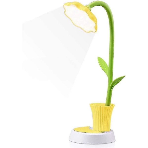 Barns skrivbordslampa, kreativ LED-laddningsbar skrivbordslampa för ögonvård med touch-sensor, dimbar sänglampa med pennhållare (gul)