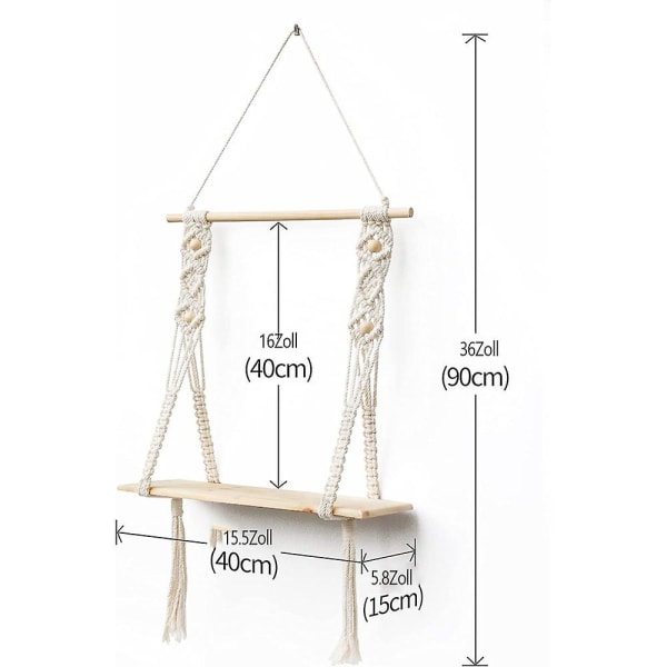 Afuly Trævægshylde, Makrame, Boho, Dekorativ Flydende Hylde, Kvaster, Håndvævet, Stue, Badeværelse, Hængende Hylde
