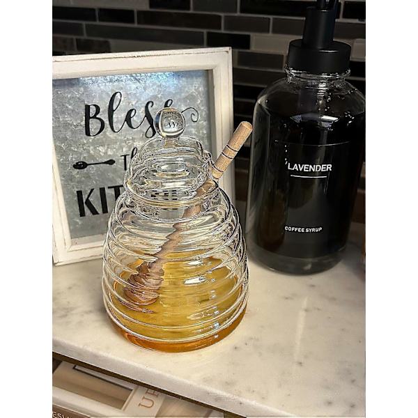 500Ml / 6.9 Oz Honningkrukke med Dippepinde, Glas Honningkrukke og Dippepinde Sæt, Honningdispenser, Bikube Honningkrukke til Opbevaring af Honning og Sirup