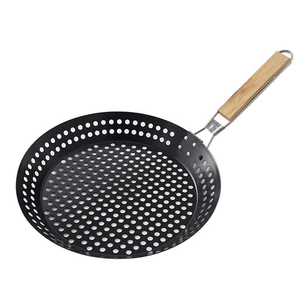 30,5 cm non-stick perforert grillpanne, bærbar BBQ-stekepanne med sammenleggbart trehåndtak