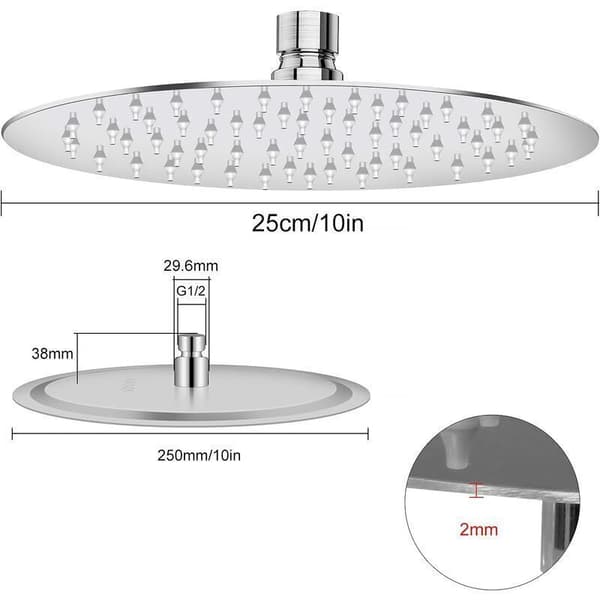 Rundt dusjhode. Dusjhode i 304 rustfritt stål. 10 tommer. G1/2” standard gjengeforbindelser