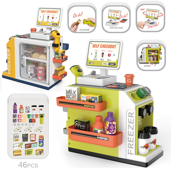 Lekesett for barn med simulert lyd og lys, vanndispenser, supermarked, kasseapparat, kaffemaskin og salgsdisk