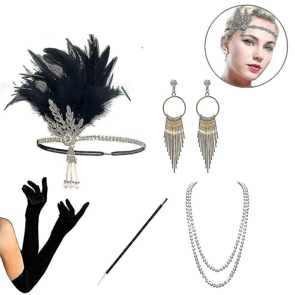 1920-tals set Flapper Pannband, örhängen, pärlhalsband, handskar, nätstrumpbyxor, pärlarmband