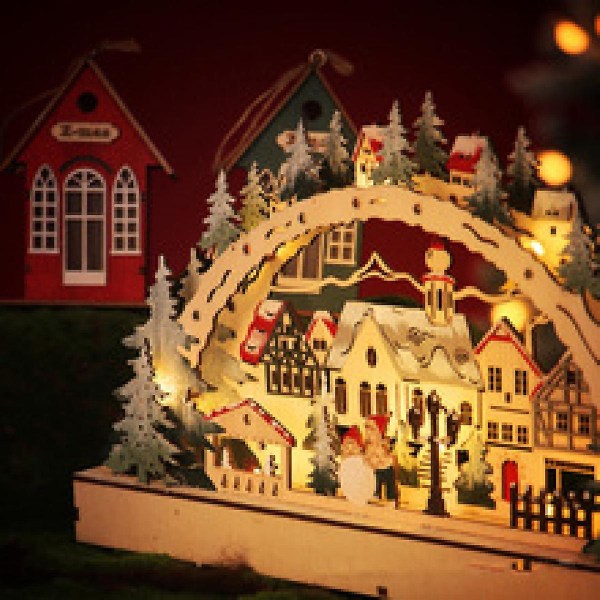 Jul trähus byscen 38 cm ljus upp julscen prydnader för fönster öppen spis matbord hus dekoration