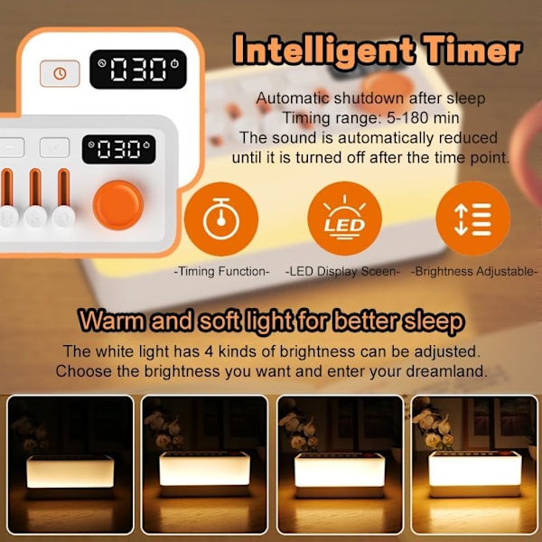 Sömnljudmaskin 4 i 1 Vit Brusmaskin med 8 Naturljud 11 Justerbara Nattljus Timer Uppladdningsbar Bluetooth-högtalare Gåva (Vit Medium)