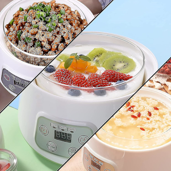 Yoghurtmaskin 2024, 3 i 1 Gresk Yoghurtmaskin, kan lage Yoghurt/Natto/Risvin, automatisk digital yoghurtmaskin med tidskontroll, 1,2 liter glass