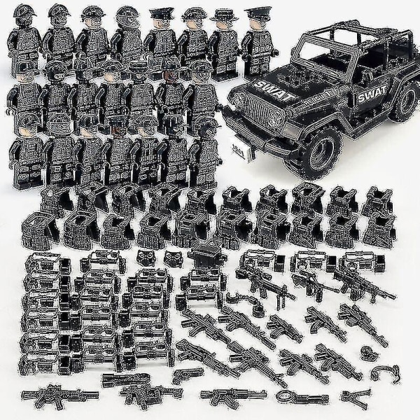 Militære byggeklodser Series Sort Swat og terrængående køretøjssæt Små partikler samlet Minifigur Legetøj 12 stk.