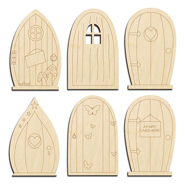 6 st Fairy Garden Door 6 designs Fairy-dörr i trä Oavslutade pysselbitar