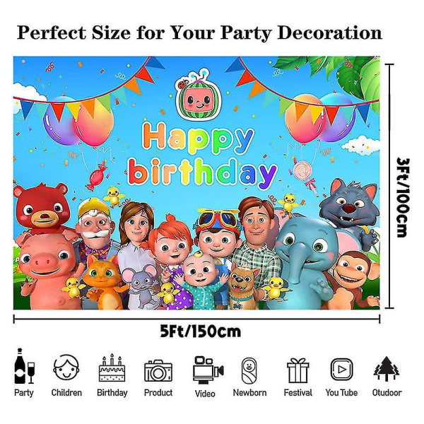 Cartoon Cocomelon Party Baggrund Tillykke med fødselsdagen trykt vægbaggrund 1,5*1m